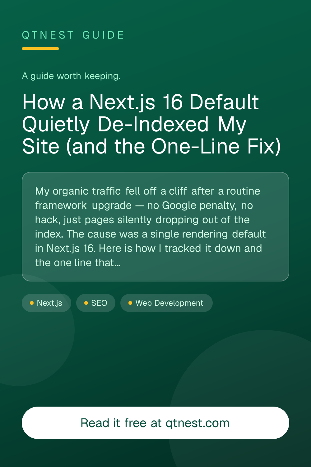 A real postmortem: after upgrading to Next.js 16, dynamic routes started returning 307/308 redirects to Googlebot and dropped out of the index. Here is how to diagnose it in Search Console and the one-line "export const dynamic = force-static" fix.