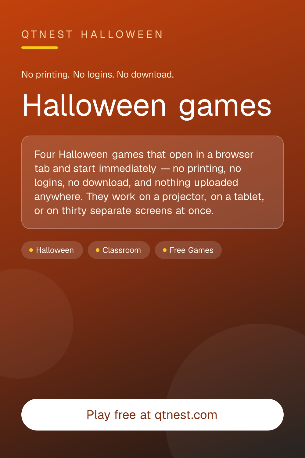 Four free Halloween games that run in a browser — word search, hangman, word scramble and memory match. No printing, no logins, no download. Built for a classroom or a party.