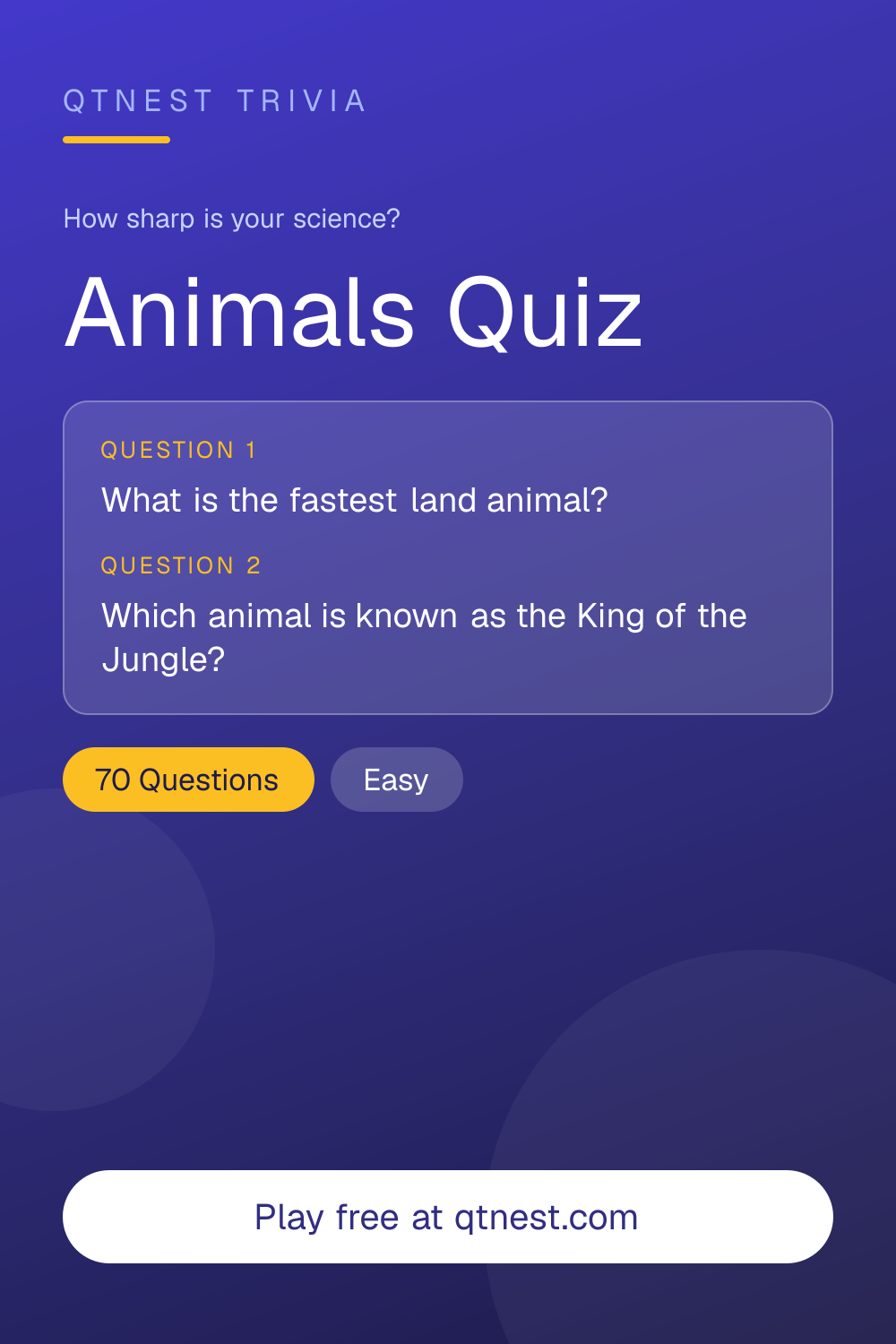 How much do you know about animals? Take this free animal trivia quiz covering mammals, reptiles, birds, and sea creatures. No signup.