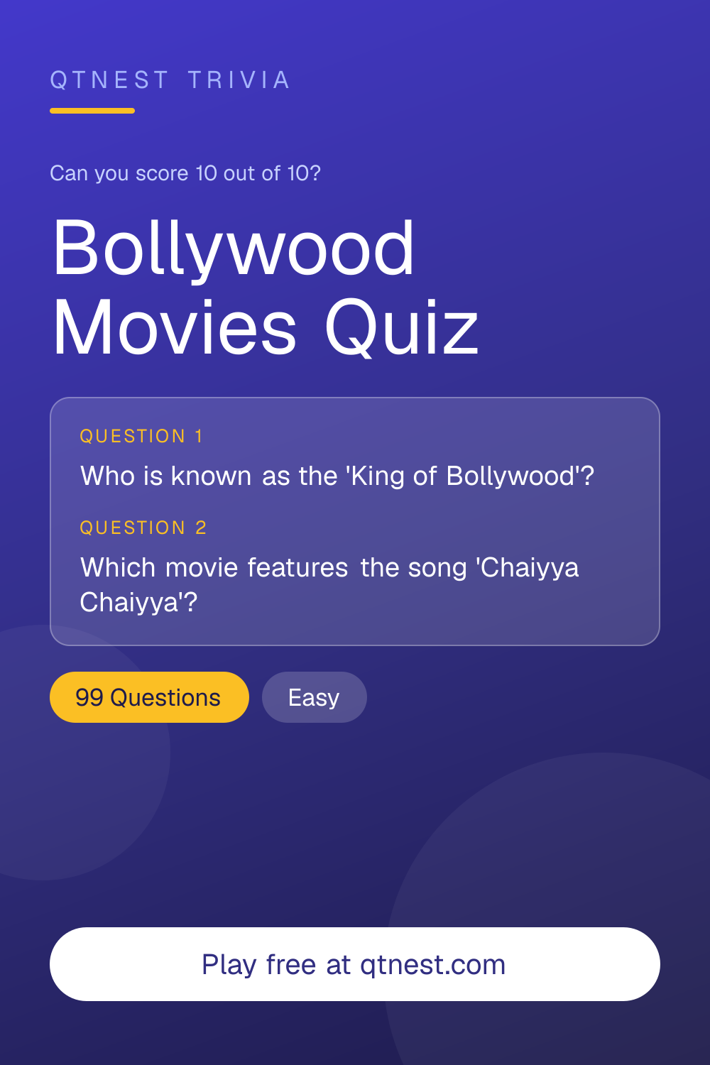 Test your Bollywood knowledge with trivia on Hindi films, actors, directors, and iconic songs. Free quiz, no signup needed.