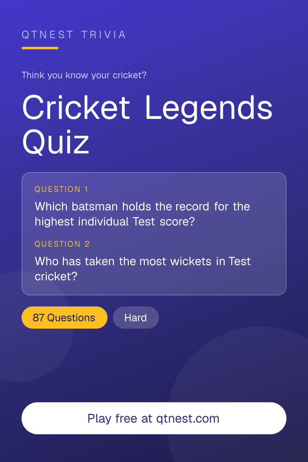 Test your knowledge of cricket's greatest players — Bradman, Tendulkar, Lara, Warne, and more. Free cricket legends quiz.