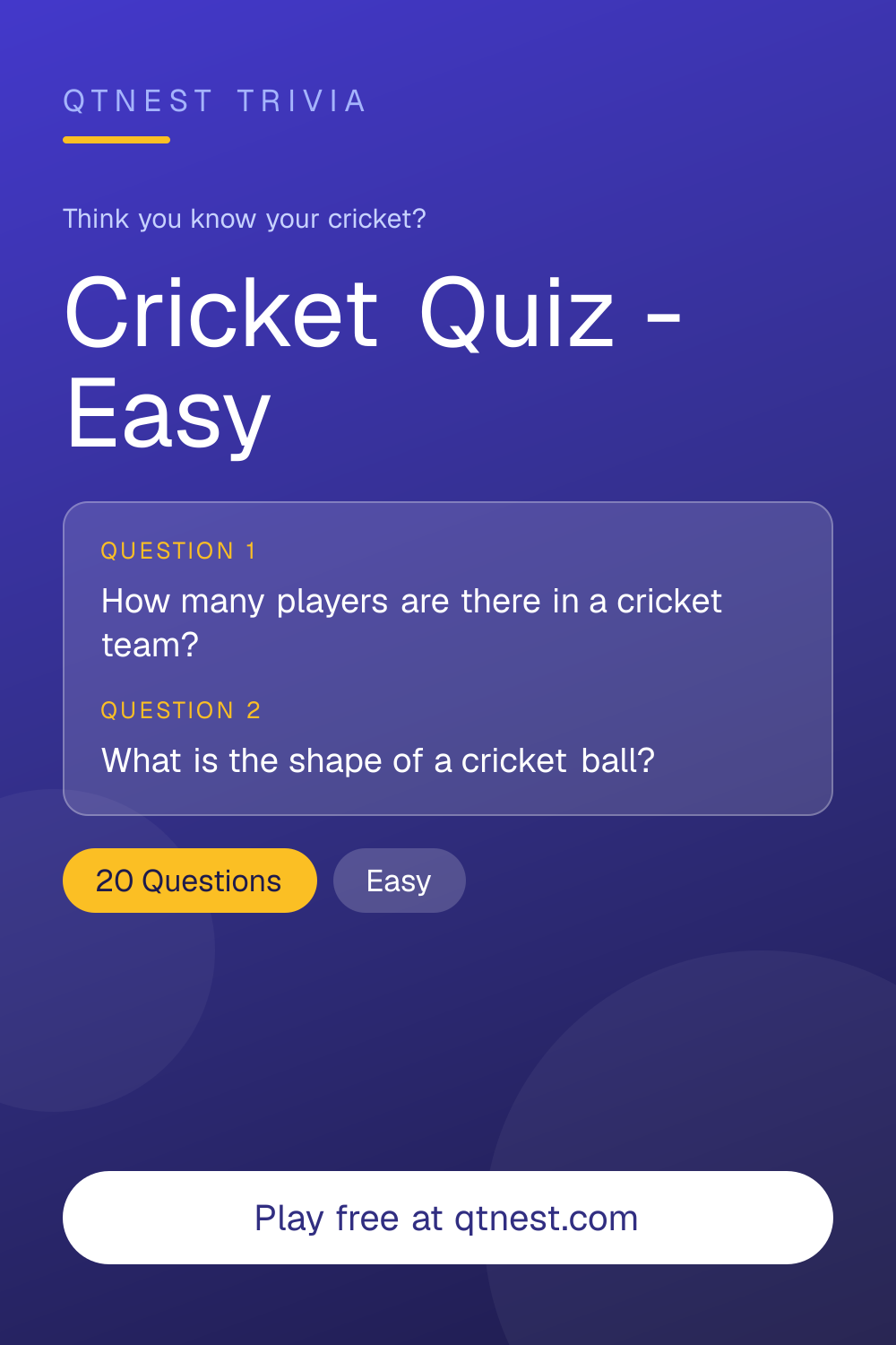 Test your cricket knowledge with easy trivia questions on teams, players, formats, and basic rules. Free cricket quiz, no signup.
