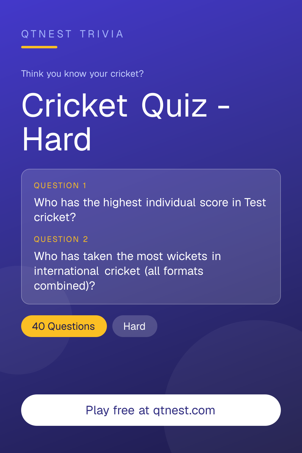 Only die-hard cricket fans will pass this hard cricket quiz. 10 challenging questions on stats, records, and history. Free.