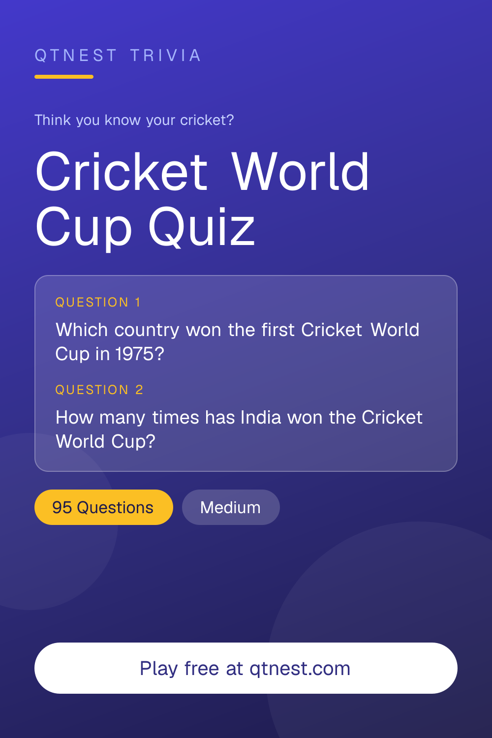 Test your Cricket World Cup knowledge. 10 questions on ICC World Cup history, winners, finals, and records. Free quiz.