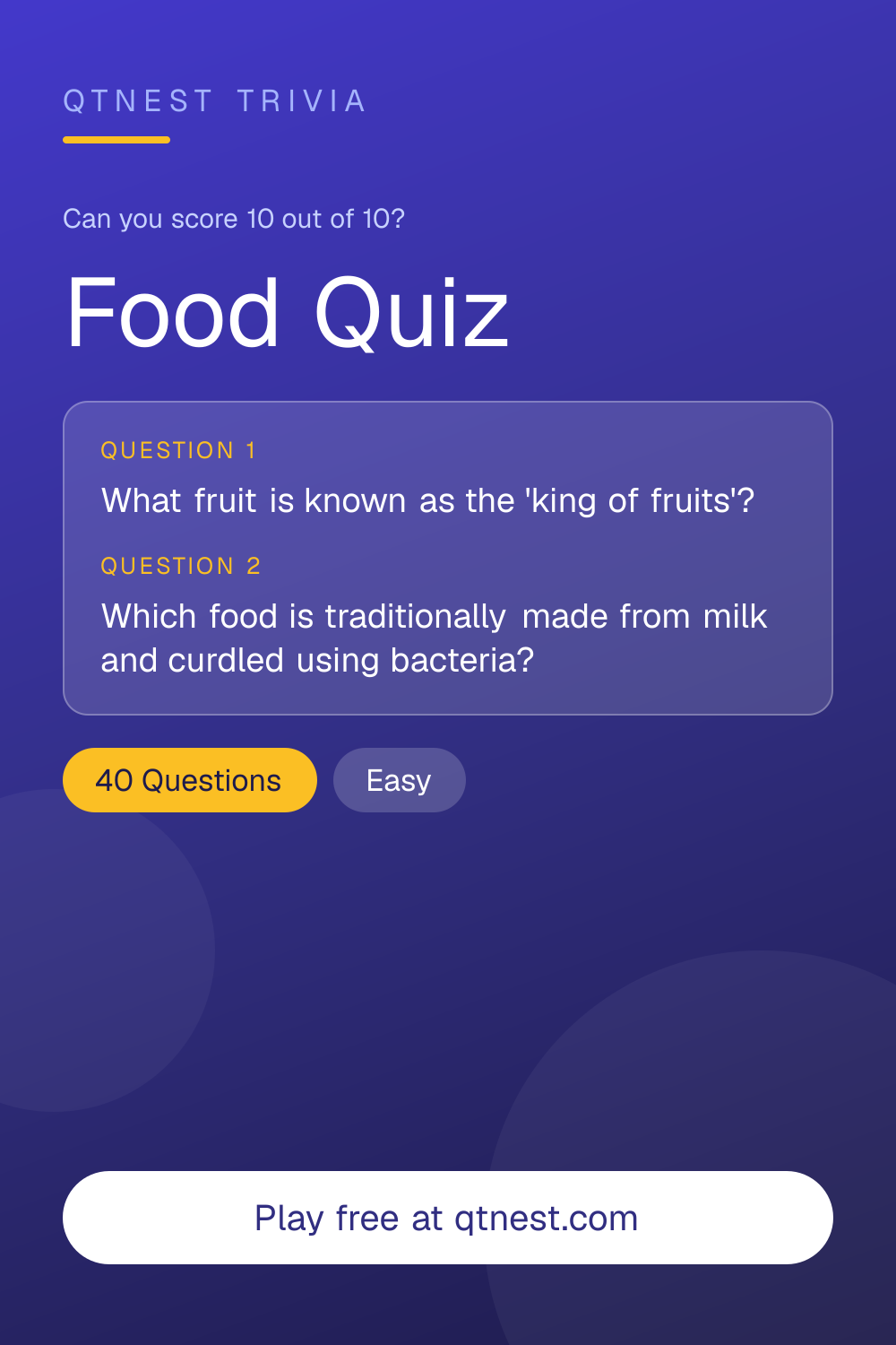 How well do you know your food? Take this free food and cuisine quiz covering dishes, ingredients, and cooking techniques. No signup.
