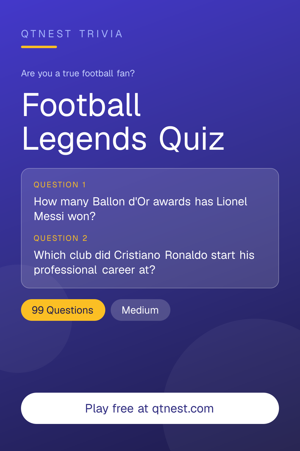 Test your knowledge of football's greatest legends — Pelé, Maradona, Ronaldo, Messi, and more. Free quiz, no signup.