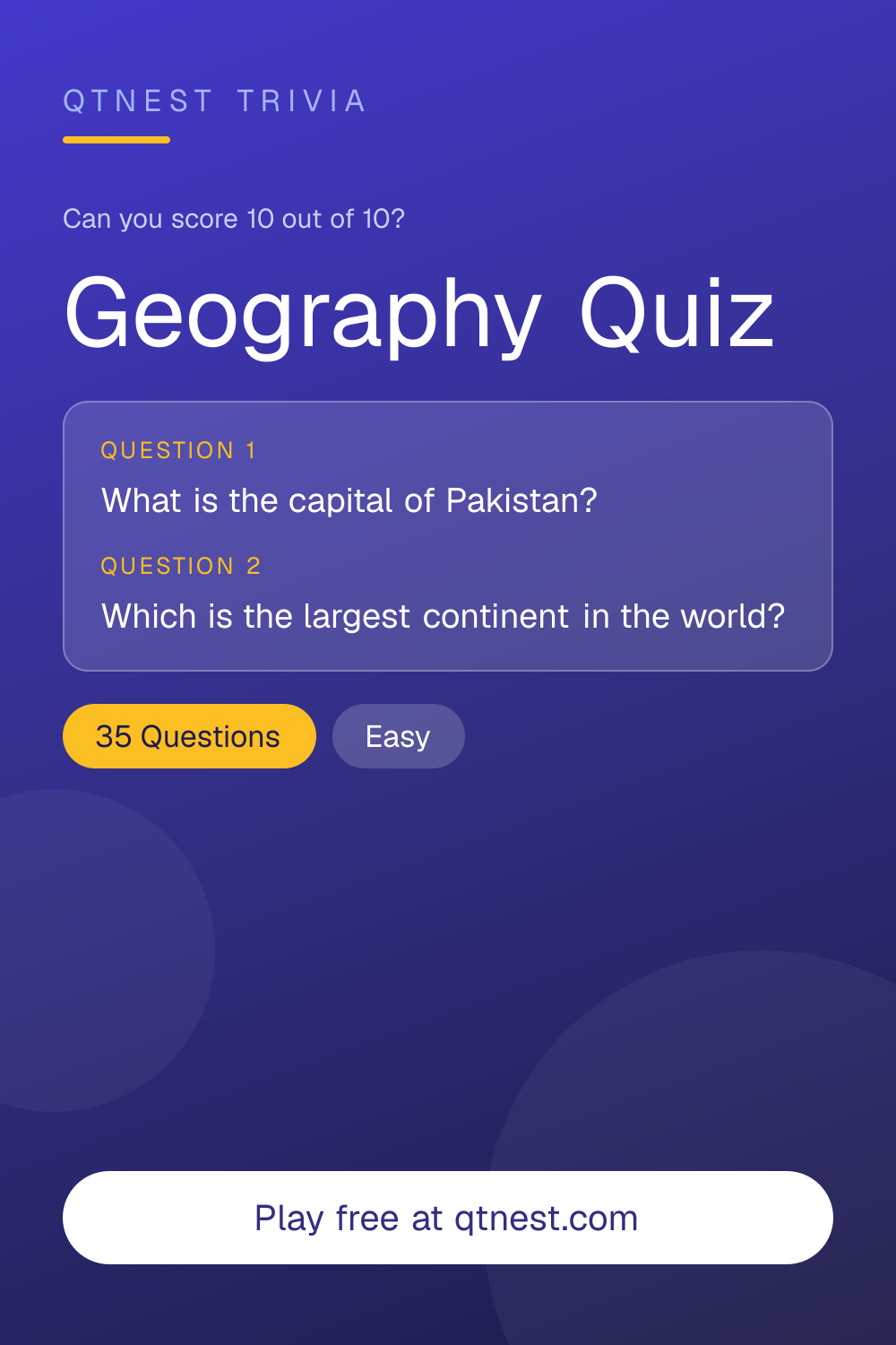 Test your geography knowledge with questions on countries, capitals, rivers, mountains, and continents. Free quiz, no signup.
