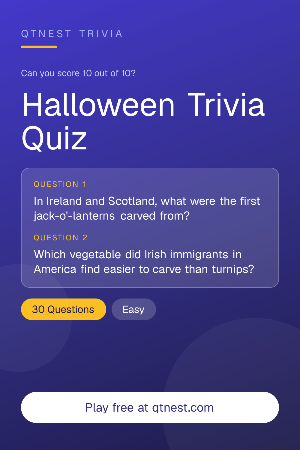 Free Halloween trivia quiz: where jack-o'-lanterns came from, who wrote Dracula, why bats come out at night. 10 random questions from 30, with answers explained.