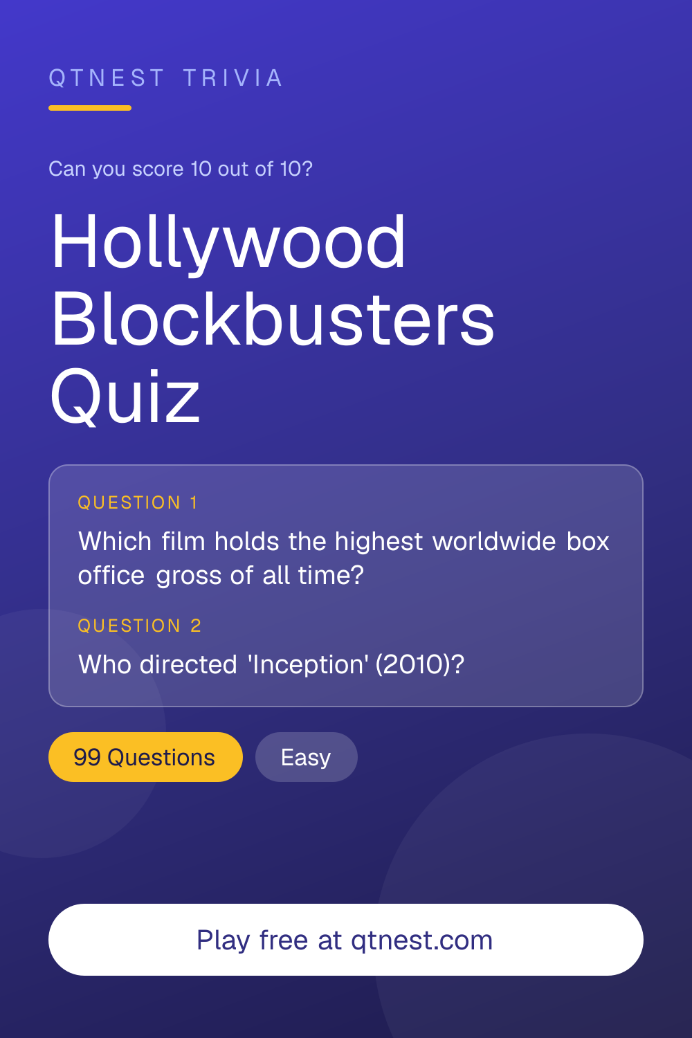 How well do you know Hollywood's biggest blockbusters? Test your knowledge of the highest-grossing and most iconic films. Free quiz.
