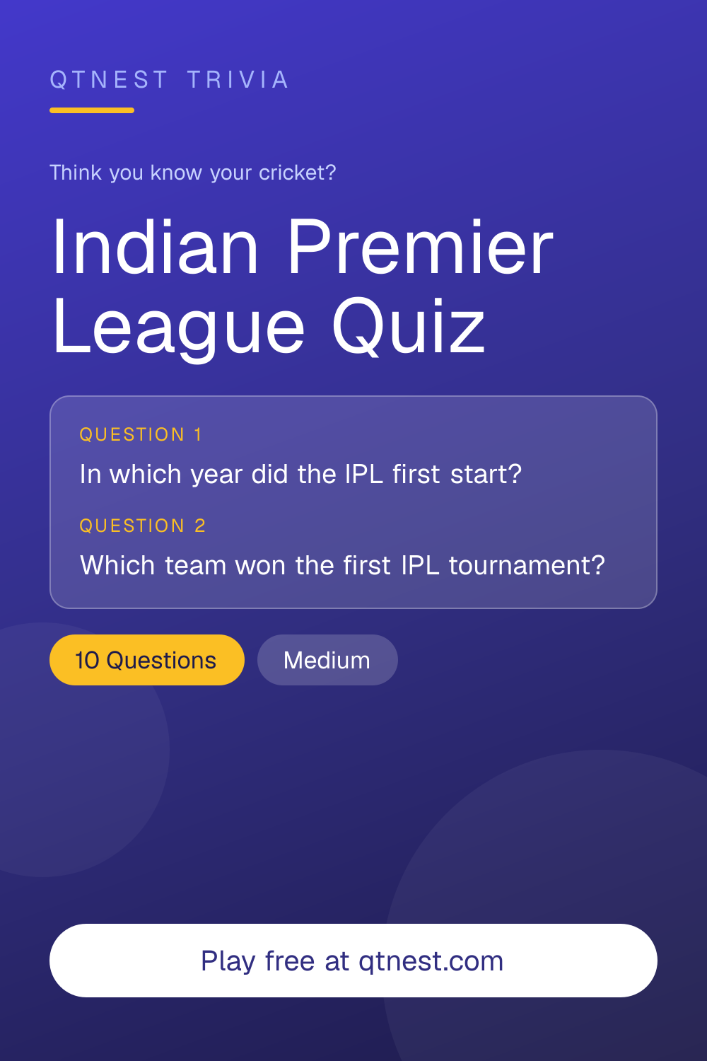 Test your Indian Premier League knowledge. Teams, players, seasons, and records — 10 IPL trivia questions. Free quiz.