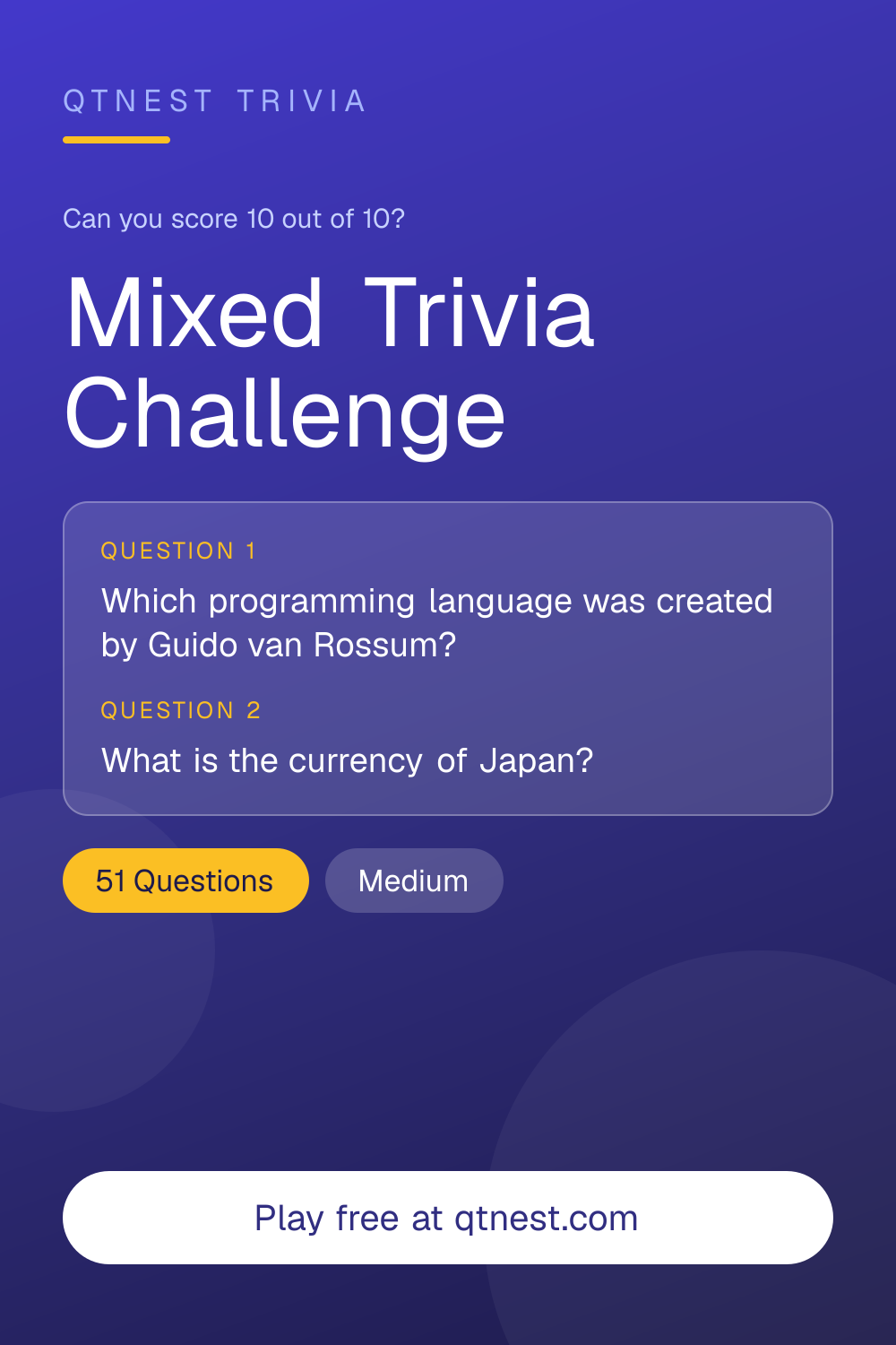 A fun mixed trivia quiz covering science, history, geography, pop culture, and more. 10 questions, multiple topics. Free quiz.