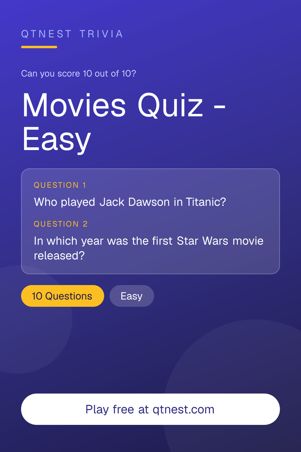 Test your movie knowledge with easy film trivia questions. 10 questions on popular movies and cinema. Free quiz, no signup.