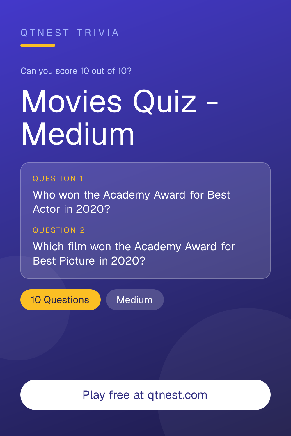 A challenging movie trivia quiz for real film fans. 10 medium-difficulty questions on cinema, directors, and iconic films. Free.