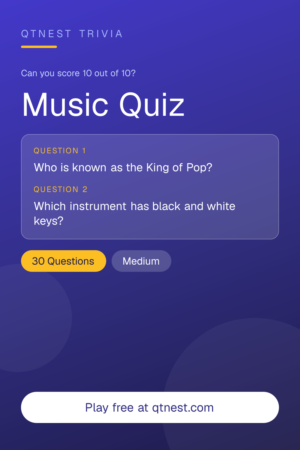 Test your music knowledge with trivia on songs, artists, albums, and music history. Free music quiz — no signup needed.