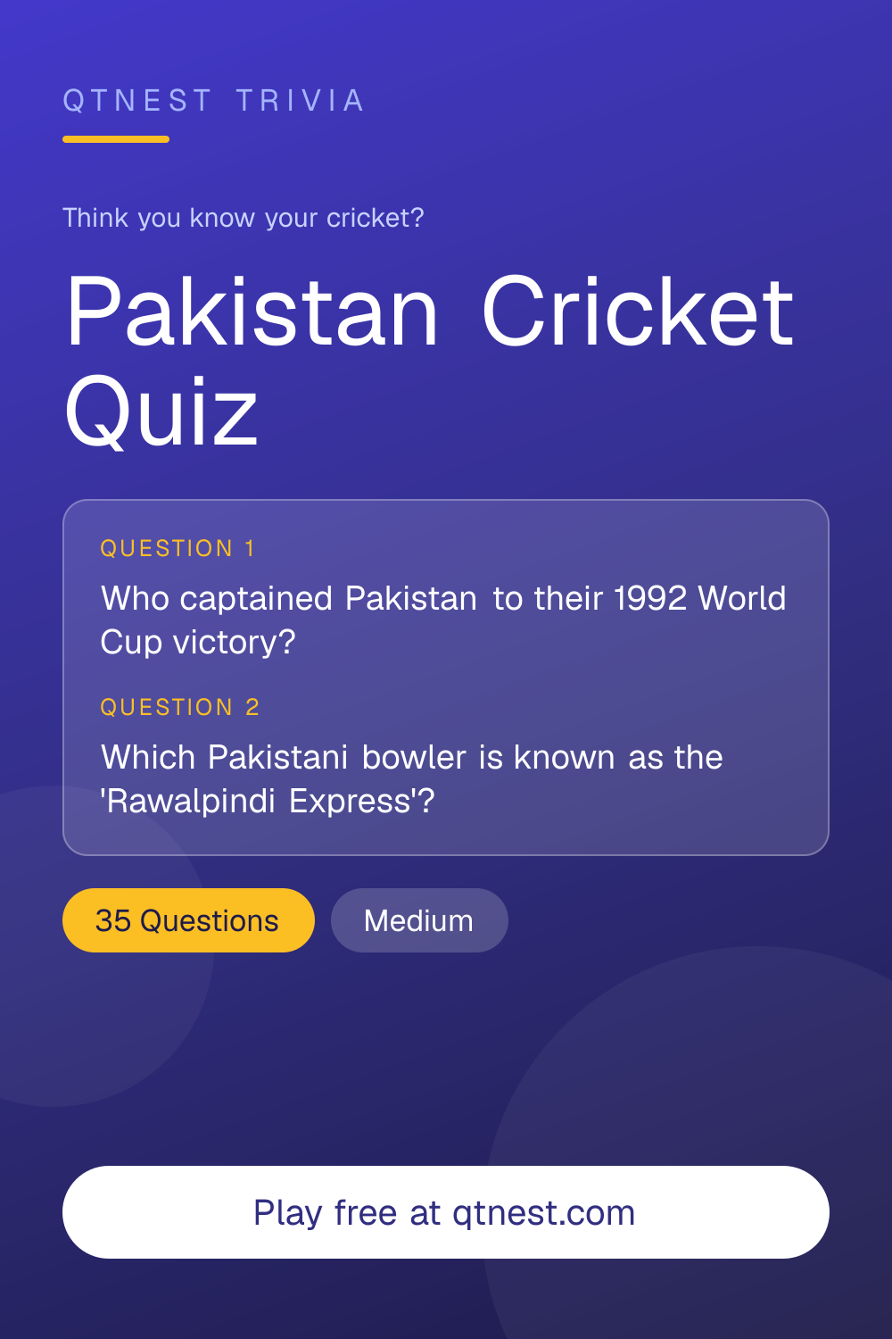 Test your Pakistan cricket knowledge — legends, World Cup history, and iconic moments from Pakistan cricket. Free quiz.