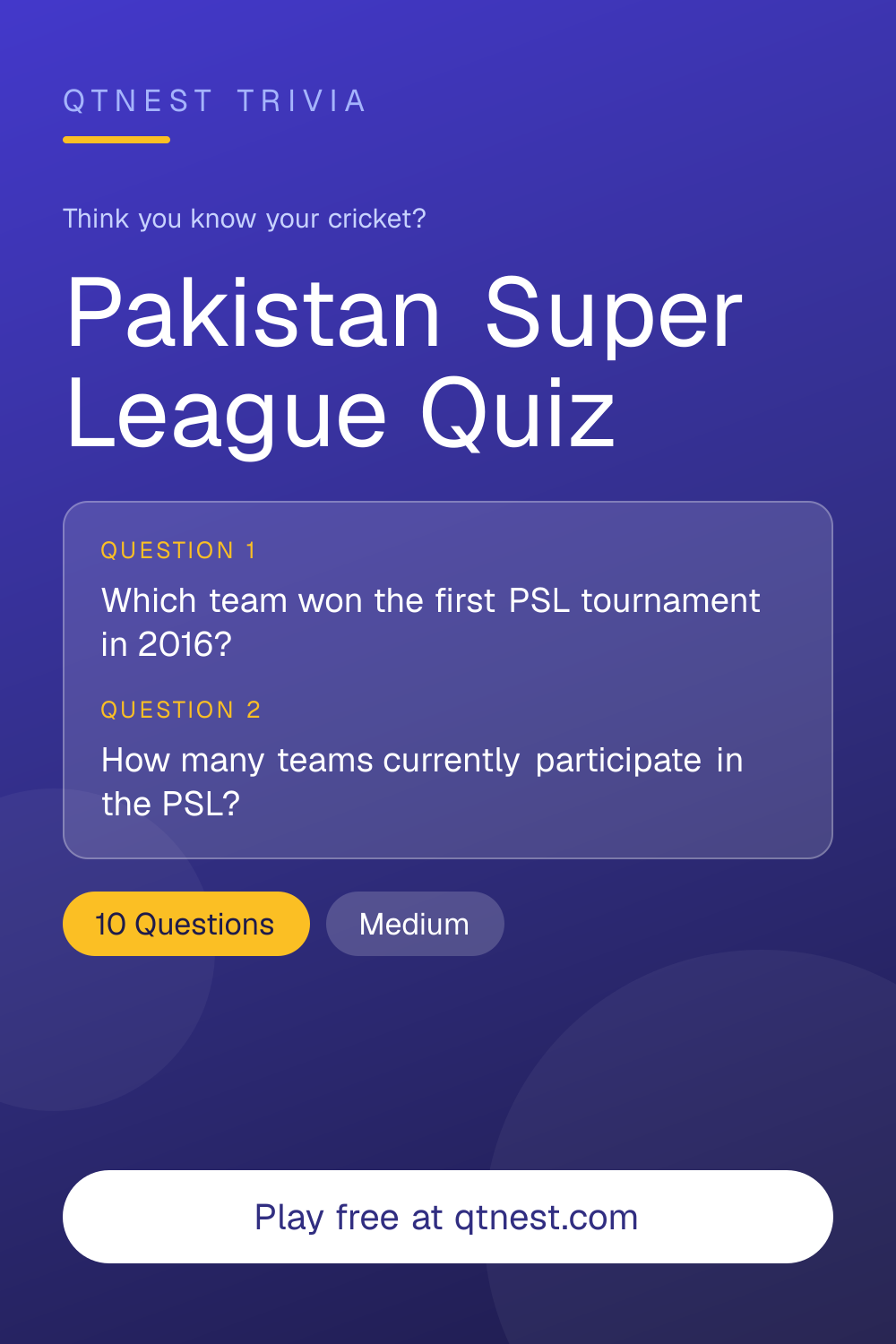 Test your Pakistan Super League knowledge. Teams, players, champions, and memorable PSL moments. Free quiz, no signup.
