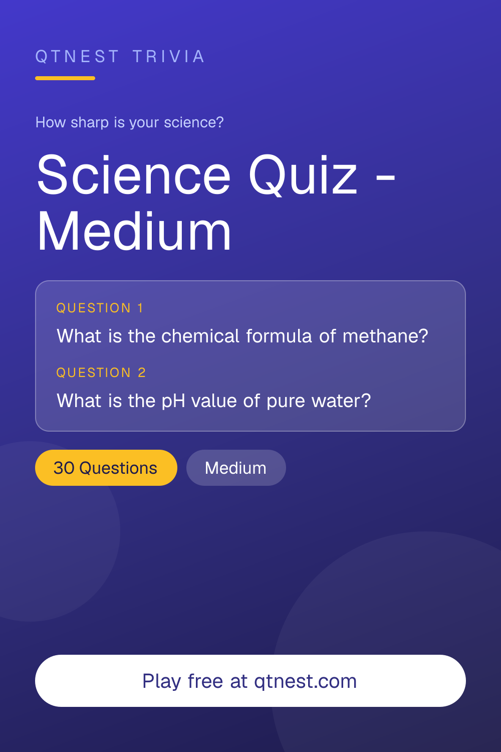 A challenging science quiz covering biology, chemistry, physics, and earth science. 10 medium-difficulty questions. Free, no signup.