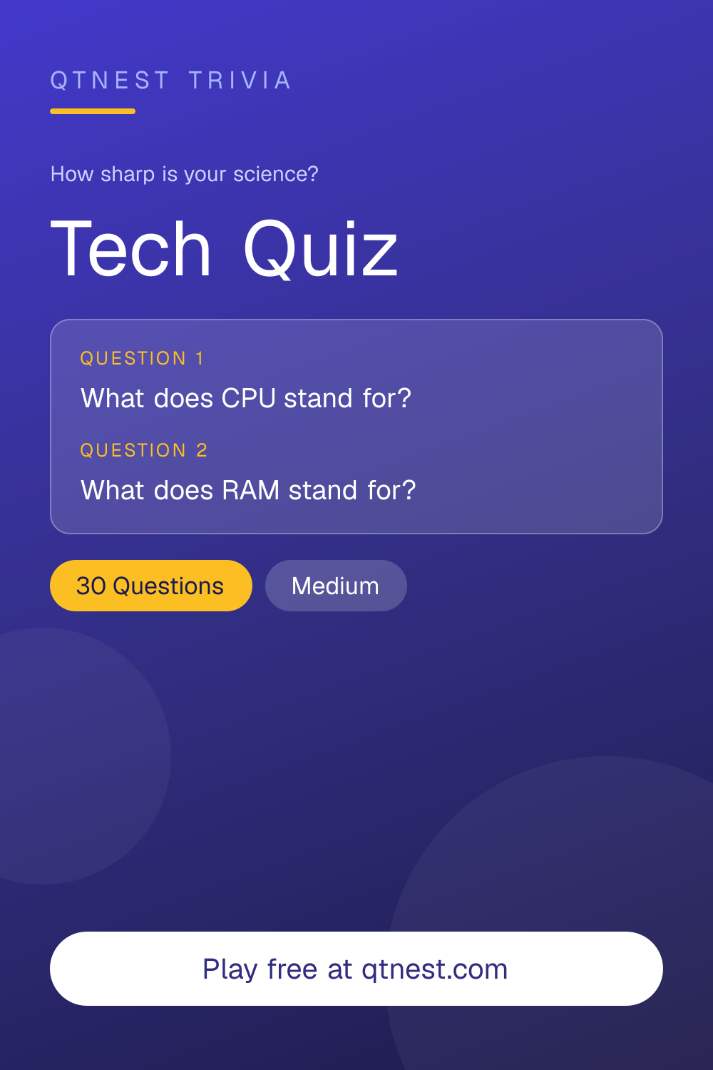 Test your technology knowledge with trivia on computing, the internet, gadgets, and tech history. Free tech quiz, no signup.