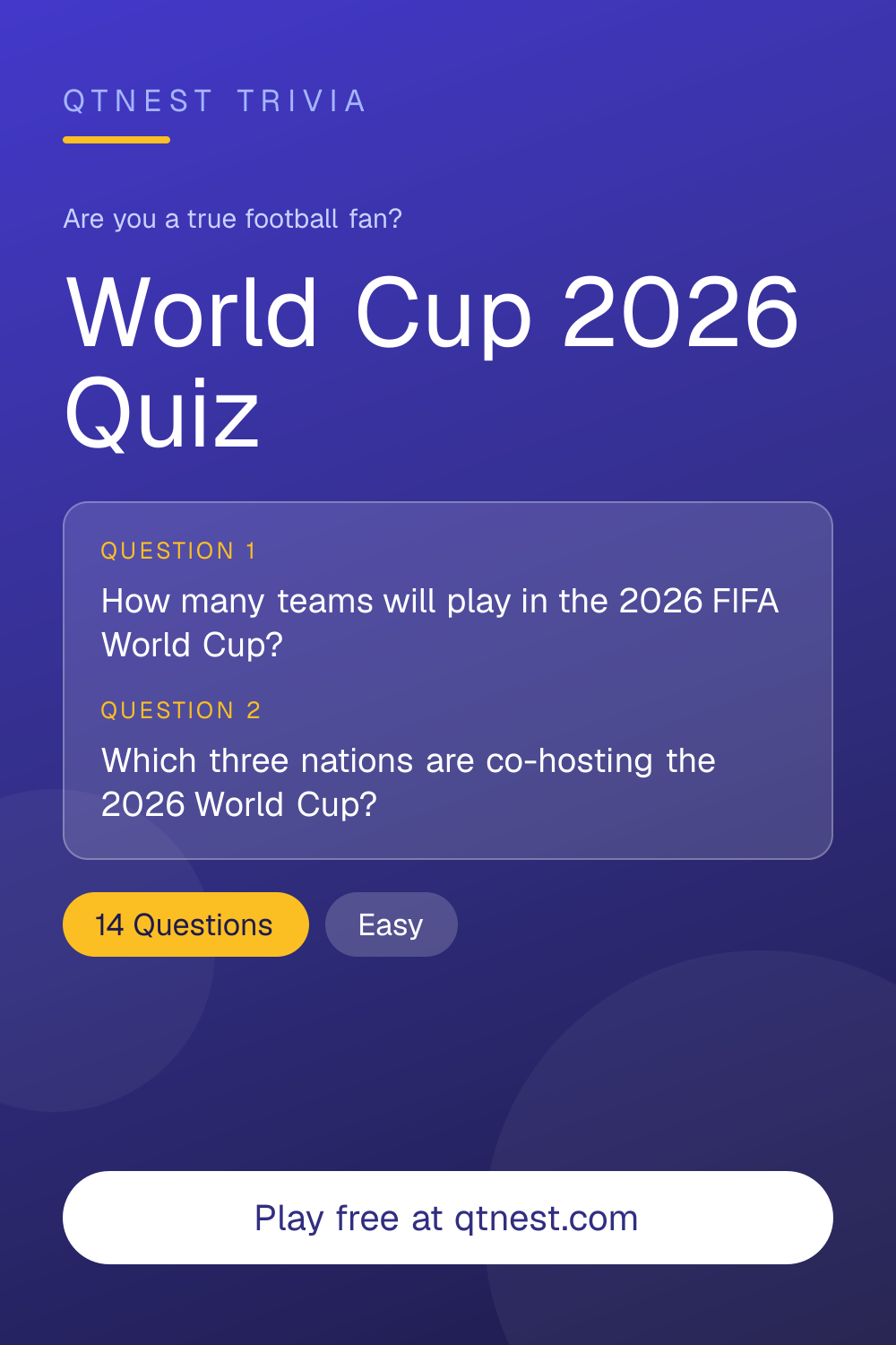How much do you know about the 2026 FIFA World Cup? Test yourself on the 48-team format, the three host nations, host cities and more. Free quiz.