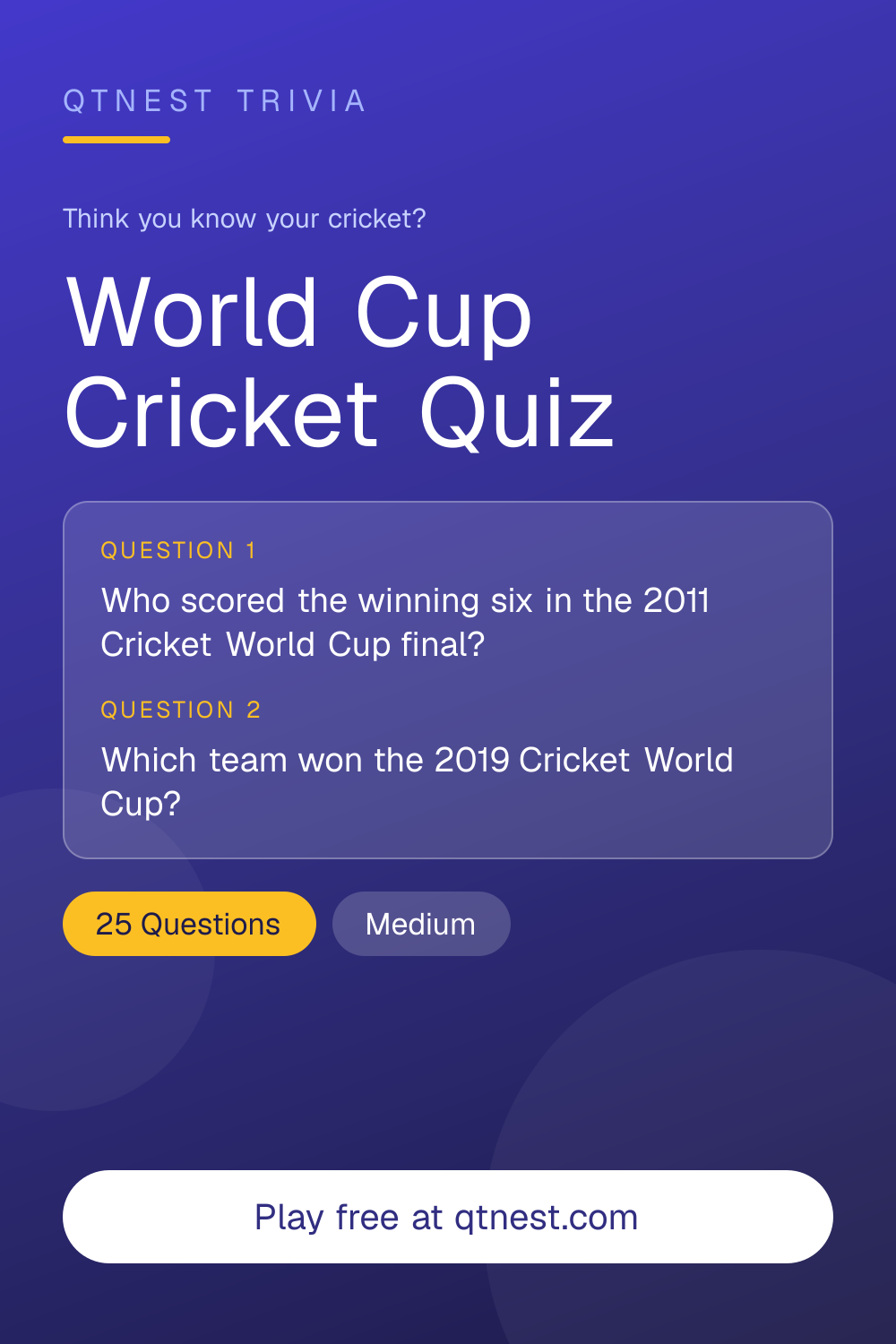 Another cricket world cup challenge — test your knowledge of finals, records, and iconic world cup moments. Free quiz.