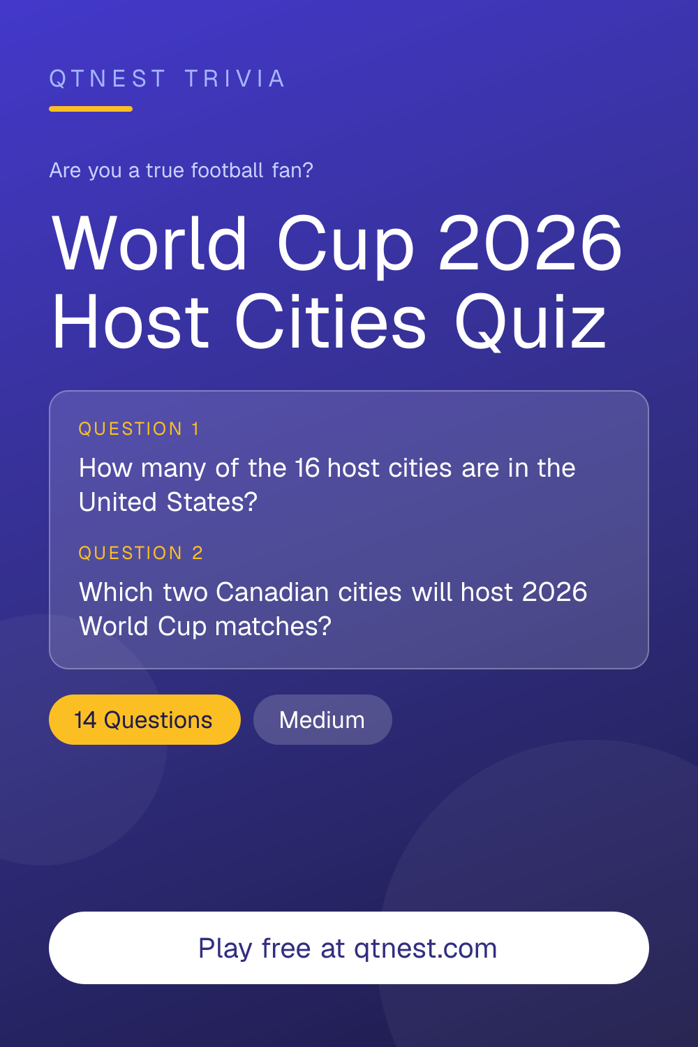 Test your knowledge of the 16 host cities for the 2026 World Cup across the USA, Canada and Mexico — from MetLife Stadium to Estadio Azteca. Free quiz.