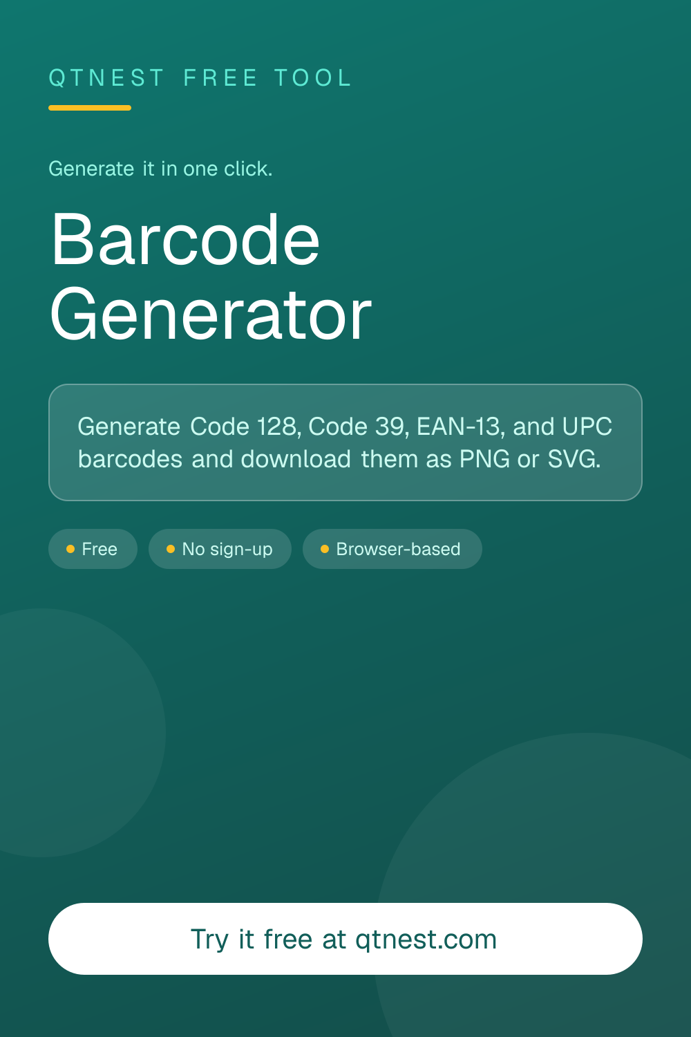 Create barcodes online in Code 128, Code 39, EAN-13, and UPC formats. Live preview with validation, then download as PNG or scalable SVG. Free, no signup.