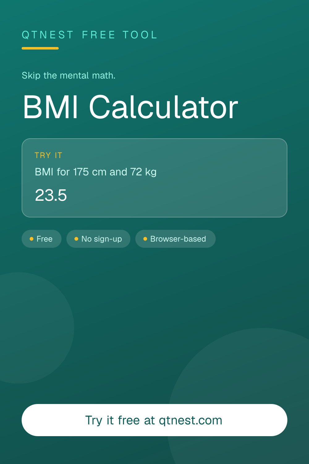 Calculate your BMI and find your weight category instantly. Supports metric and imperial. Free online BMI calculator — no signup needed.
