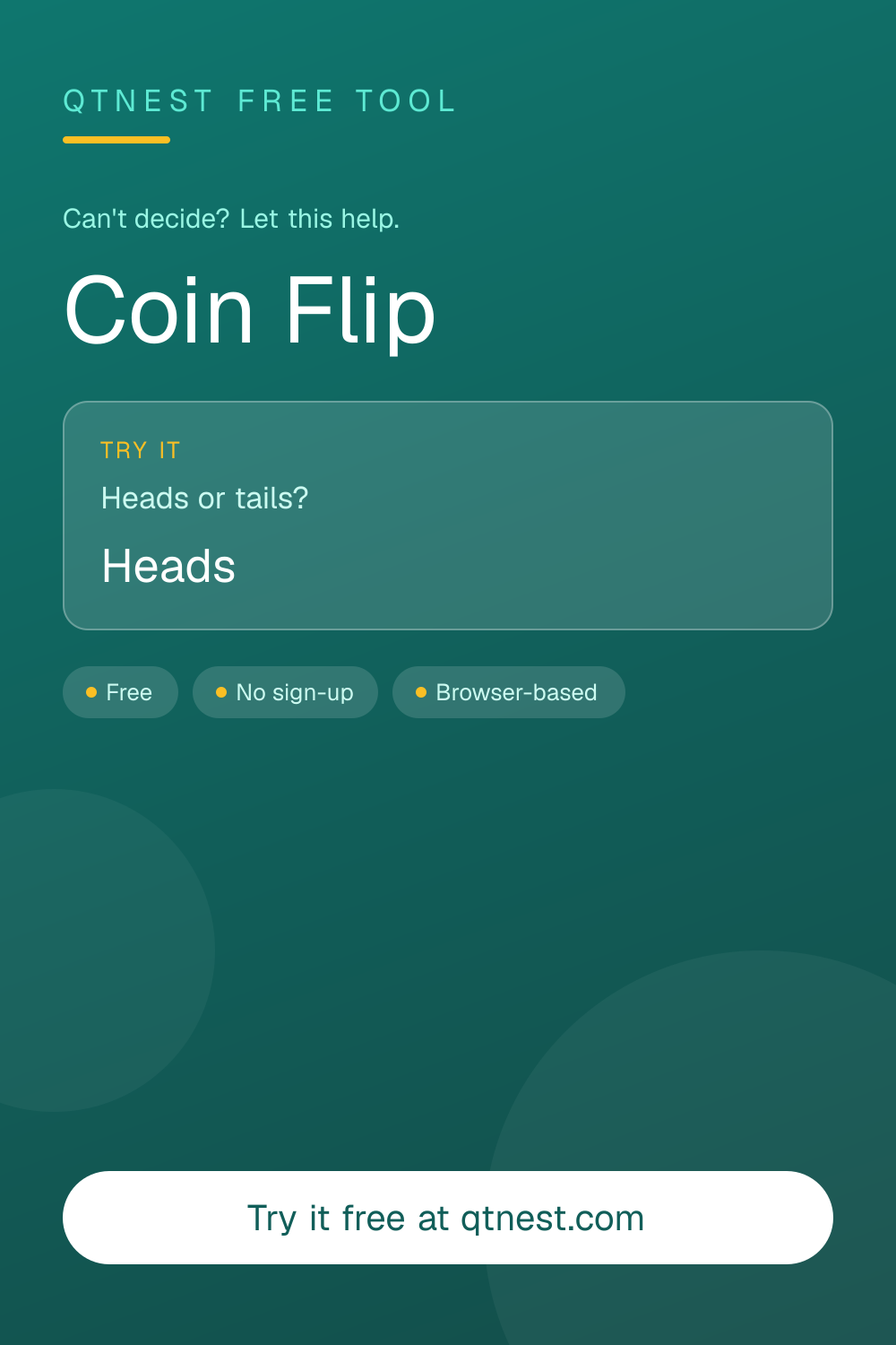 Flip a virtual coin online and get a fair, random heads or tails result with a 3D animation. Free coin toss with a running tally — no signup needed.