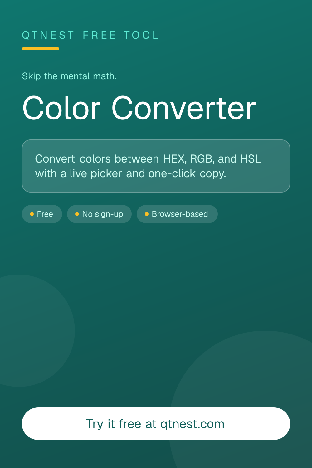 Convert colors between HEX, RGB, and HSL instantly. Use the color picker or type any value — all formats stay in sync with a live swatch and one-click copy. Free.