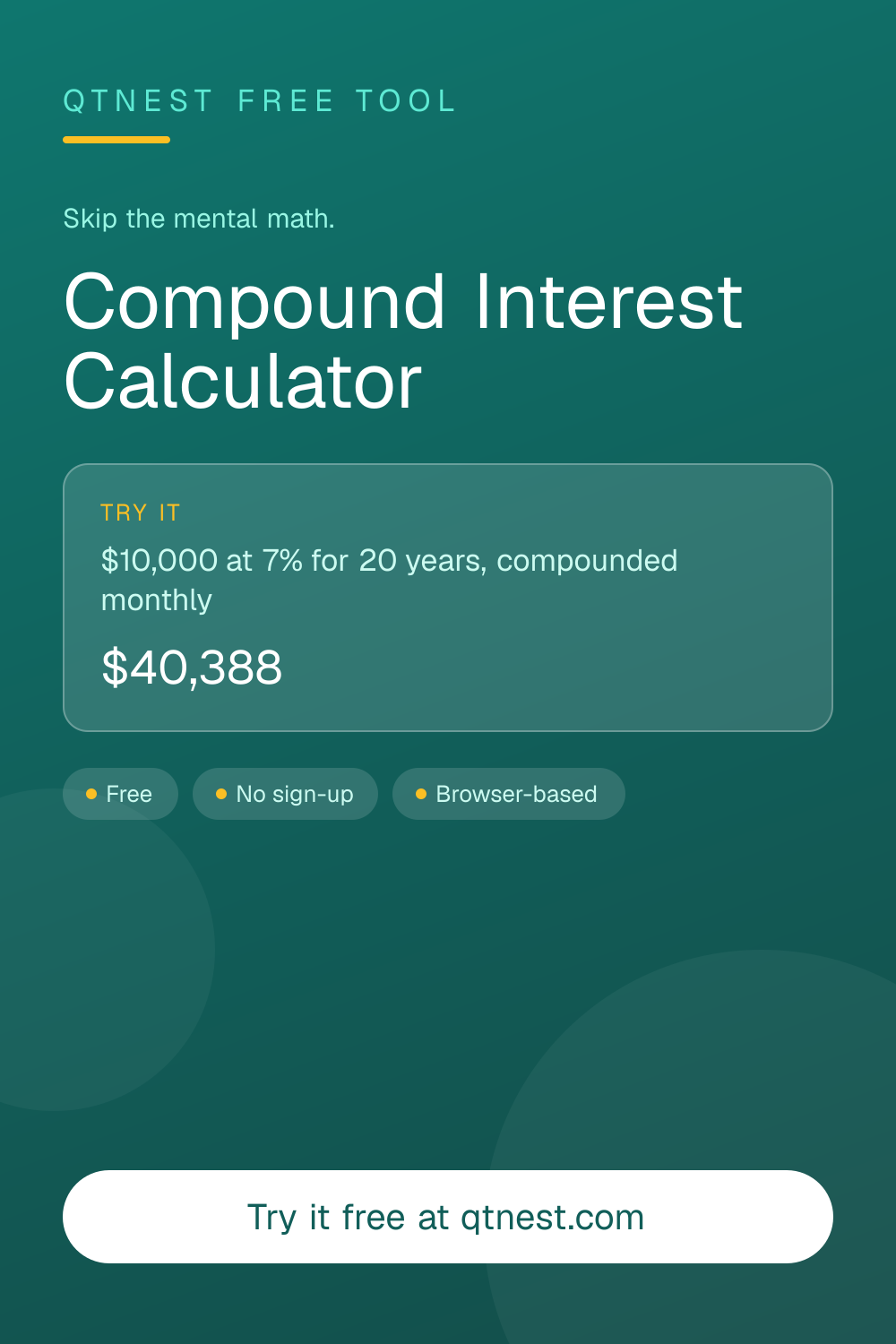 See how compound interest grows your money over time. Enter principal, rate, years, and compounding frequency. Free online calculator.