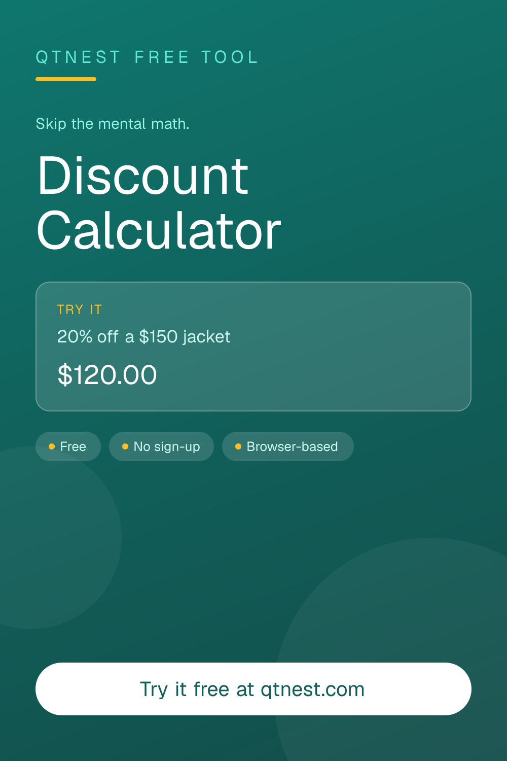 Enter the original price and discount % to see the final price and savings instantly. Free discount and sale price calculator.