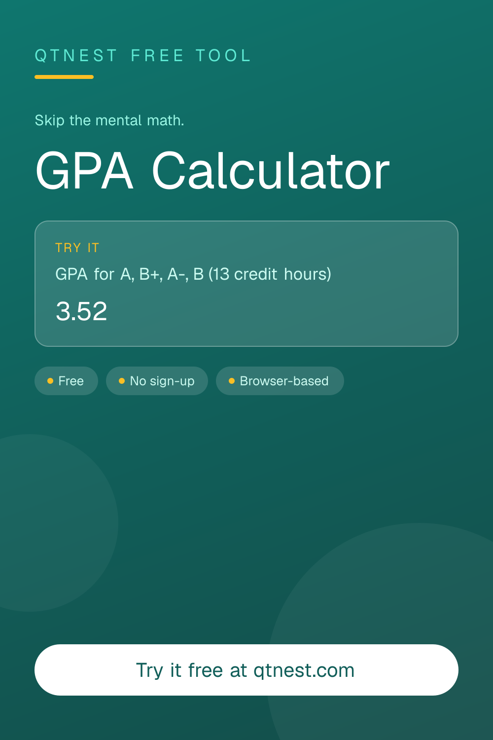 Calculate your GPA instantly. Enter grades and credit hours for each course. Weighted GPA on the 4.0 scale. Free, no signup required.