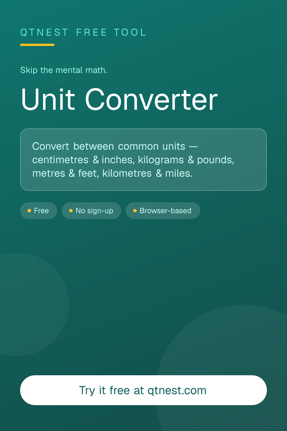 Convert between cm & inches, kg & pounds, metres & feet, and km & miles instantly. Fast, accurate metric-to-imperial unit converter. Free.