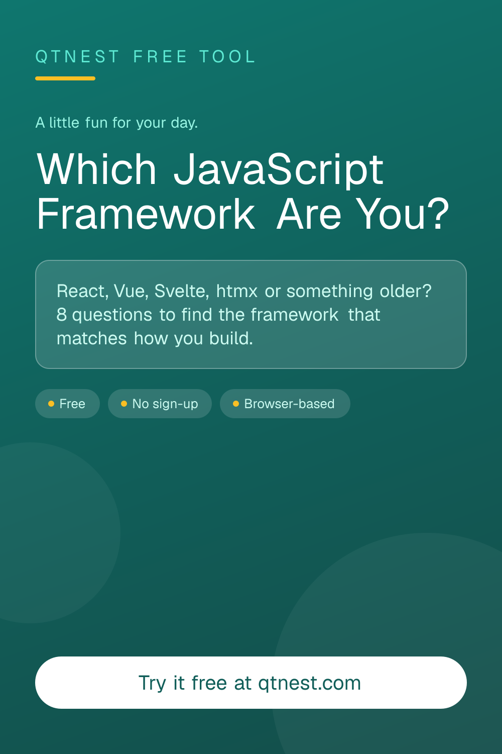 Free personality quiz for web developers — find out whether you are React, Vue, Svelte, Angular, Next.js, Solid, htmx or jQuery. 8 questions, instant shareable result.